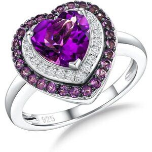 Created Amethyst Heart Birthstone 925 Silver Promise Ring 3-Layers